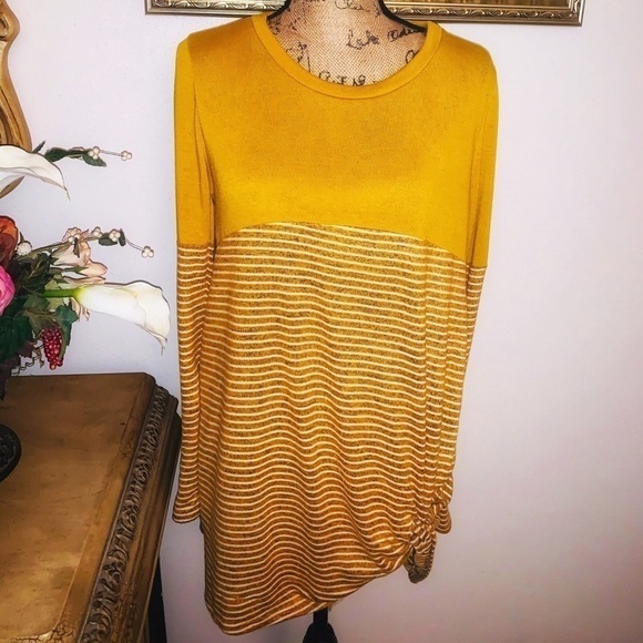 Rae Mode Mustard Stipe Color Block Twist Hem Top - Picture 1 of 6